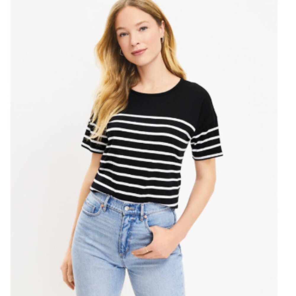 LOFT Striped Relaxed Crew Tee - M